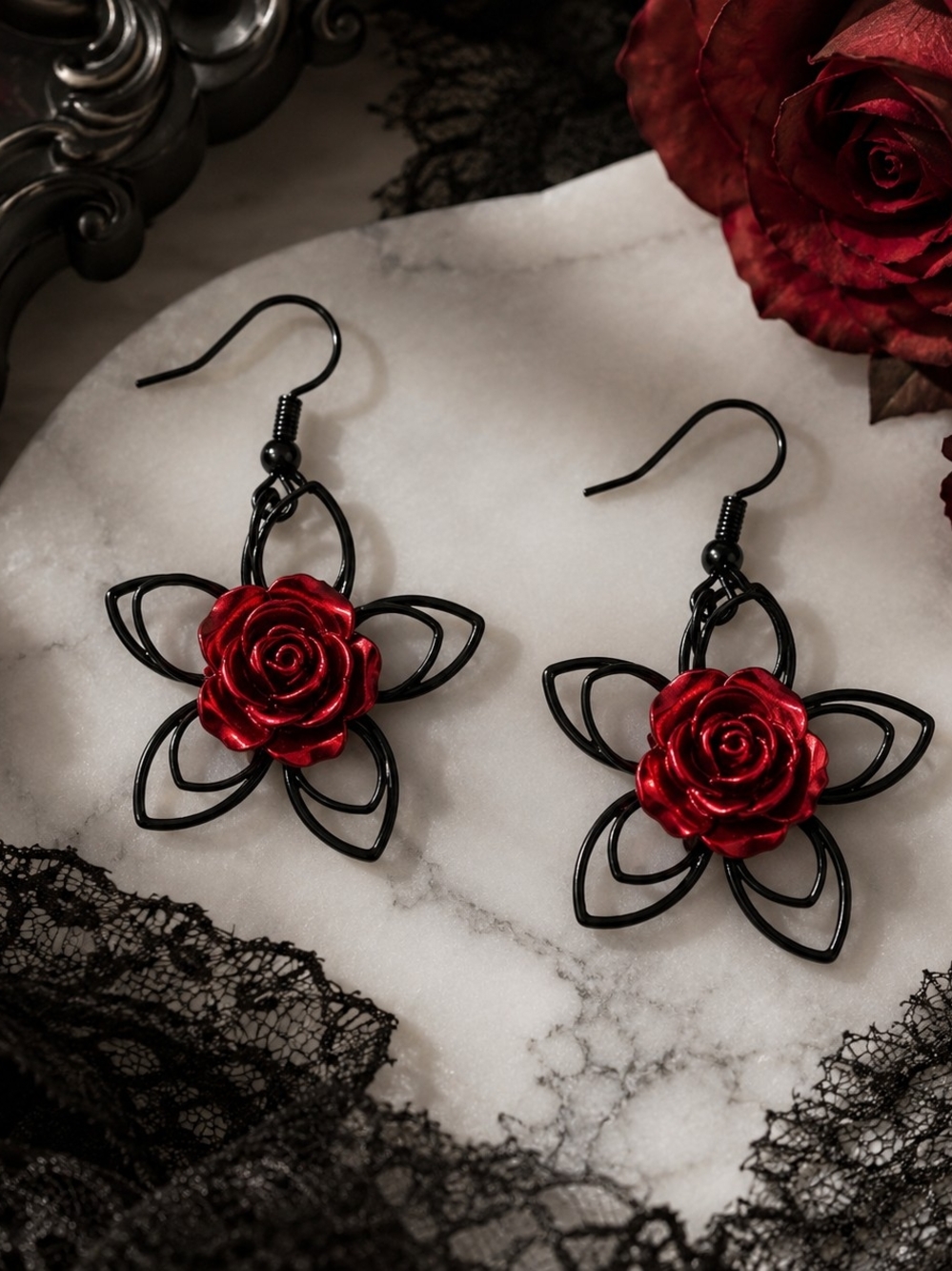 Red Black Rose Goth Flower Drop Dangle Earrings New